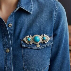 Southwestern Turquoise Brooch with enamel bead inlay distressed finish pewter